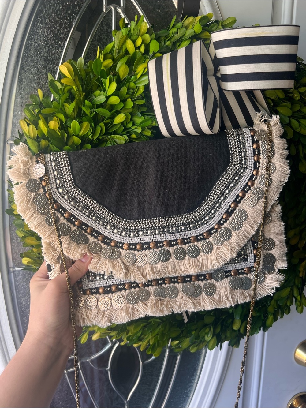 Black and Cream Beaded Tassel Crossbody Clutch